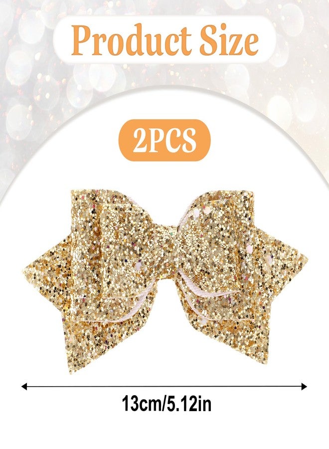 Styquenzer 2 Pcs Gold Hair Bow Clips, 5 Inch Glitter Hair Bows for Girls Sparkly Double Bowed Accessories Glitter Sequin Boutique Head Clip Delicate Satin Headwear Set for Birthday Wedding Party Back School Gift - Image 2